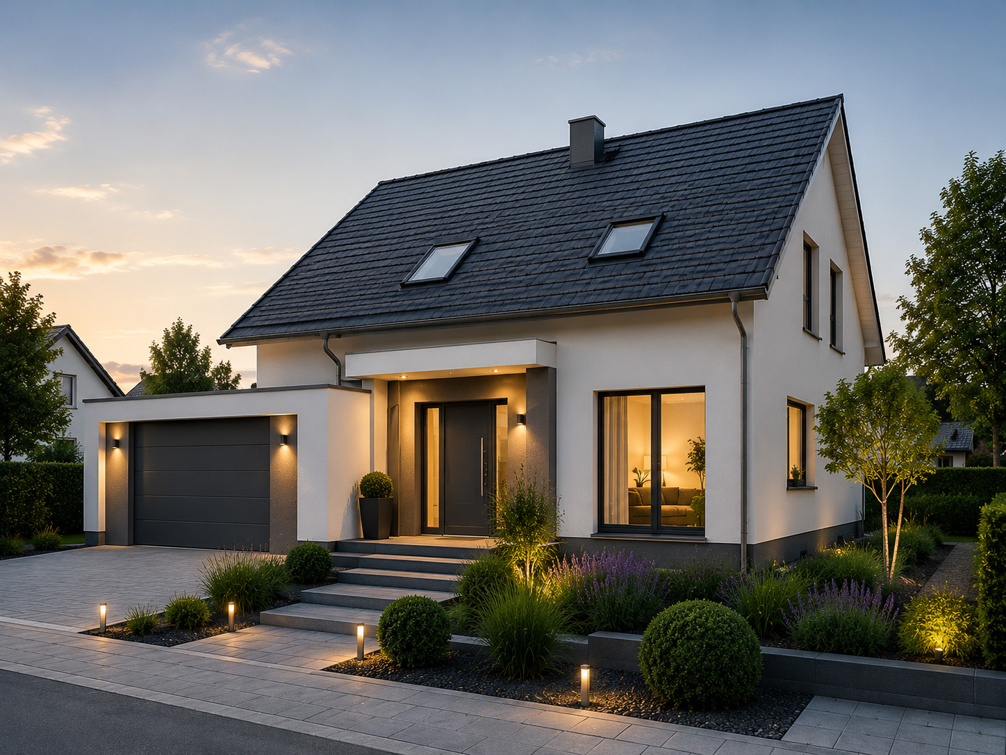 Modernes Einfamilienhaus mit Satteldach und gepflegtem Garten bei Sonnenuntergang